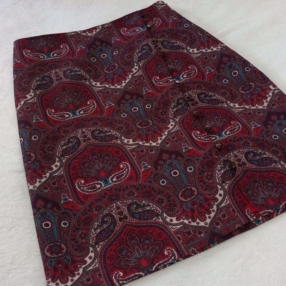 Talbots Red Opulent Paisley Faux Wrap Side Button Pencil Skirt